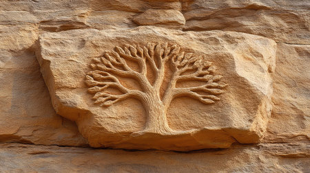 Tree of life carved into stone texture, ancient design style with natural elements and empty spaceの素材