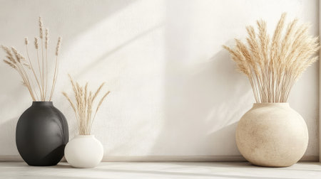 Artistic home interior decor with pottery and textures, copy space to the right sideの素材