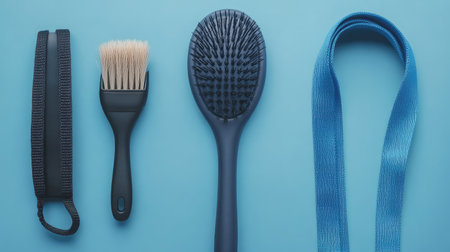 A close-up shot of a pet collar, leash, and grooming brush, with space around them for copy or brandingの素材