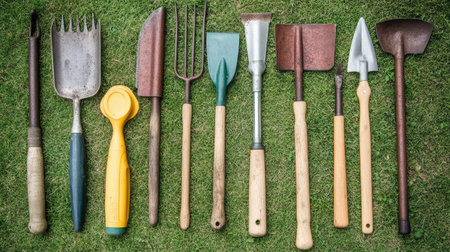 A variety of garden tools like a shovel, rake, and pruners laid on a grassy surface, with ample space for text overlayの素材