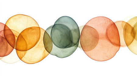 Abstract bubbles and floating circles in translucent pastel colors on a white background, playful copy spaceの素材