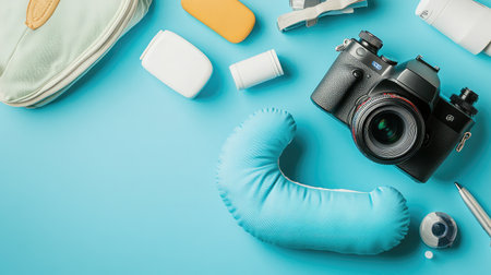 A flatlay of a travel pillow, camera, and travel-sized toiletries, with plenty of space for text aboveの素材