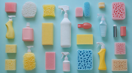 A flat lay of different cleaning products such as sponges and sprays on a clean surface, space for text aboveの素材