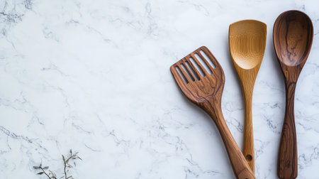 A set of cooking utensils including a wooden spoon, spatula, and ladle placed on a light-colored countertop with space above for copyの素材