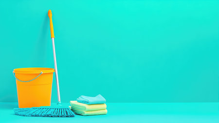 A bright cleaning supply set including a mop, bucket, and cloth, with ample background space for overlay copyの素材