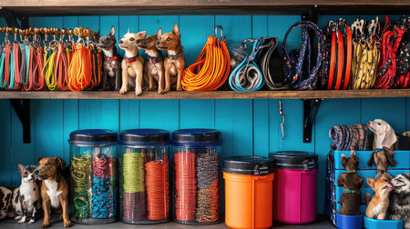 A well-organized display of pet supplies like a food container, leash, and collar, with open space for a copy or logoの素材