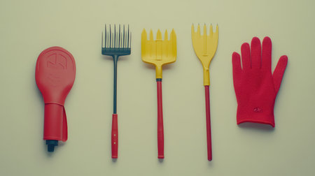 A selection of garden tools including pruners, gloves, and a rake set against a simple background with space for copyの素材