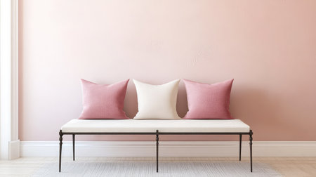 Decorative pillows on a bench near a pastel wall, open space left for copy textの素材