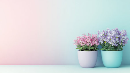 Pastel-toned home corner with potted plants and open background for copyの素材