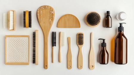 Flatlay of cleaning tools like mop, scrub brush, and cleaner bottles, white background for copyの素材