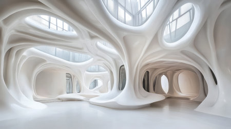 White futuristic interior with curved walls and center floor copy space, clean and minimalの素材