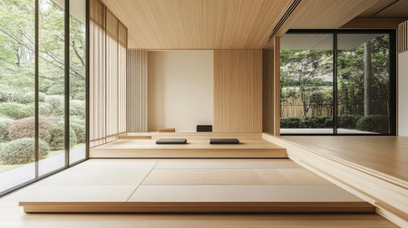 Minimalist room with neutral tones, wood accents, and open wall for text copyの素材