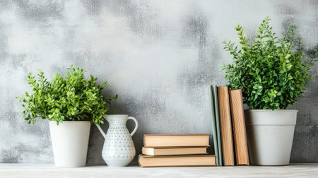 Shelf with indoor plants, books, and decorative vases against a plain wall for copy spaceの素材
