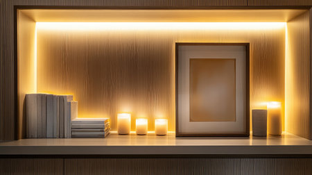 Soft lighting on shelf with framed art, candles, and books, wall behind open for copyの素材