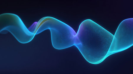 Blue digital wave grid with pulsing neon nodes and smooth flowing curves, space for textの素材