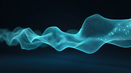 Dynamic digital waves made of glowing particles and lines moving horizontally, tech-inspired with spaceの素材