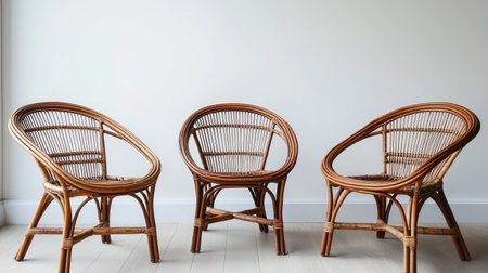 Boho interior with rattan furniture and woven textures, white wall for copy spaceの素材