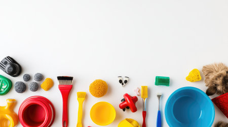 A close-up shot of pet care items like bowls, brushes, and toys, with clear space above for messaging or brandingの素材
