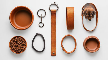 A collection of pet essentials like a leash, collar, food, and water bowls, with clean space around them for overlay textの素材
