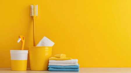 A bright cleaning supply set including a mop, bucket, and cloth, with ample background space for overlay copyの素材