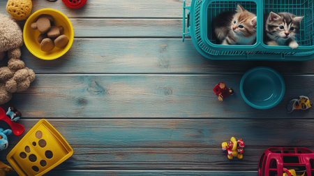 A pet carrier, food bowl, and toys arranged on a clean wooden surface, leaving a large open area for text or product placementの素材