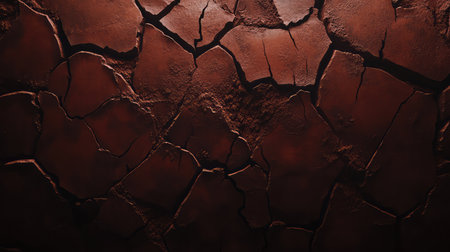 Close-up of cracked dry earth texture with warm brown tones, creating a natural rugged background with wide copy spaceの素材