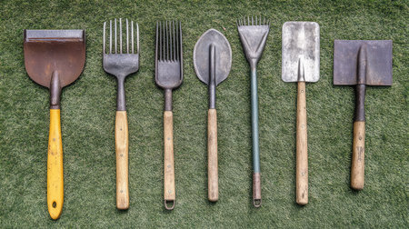A variety of garden tools like a shovel, rake, and pruners laid on a grassy surface, with ample space for text overlayの素材