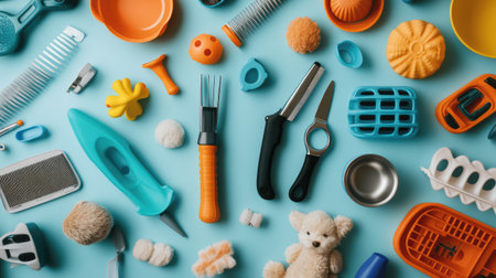 A selection of pet care items like toys, bowls, and grooming tools on a neutral surface, with plenty of room for text placementの素材