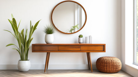 Modern hallway console with decorative mirror and minimal decor, clean copy space wallの素材
