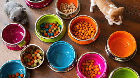 A variety of pet bowls, including food and water dishes, with ample space above for text or product promotionの素材