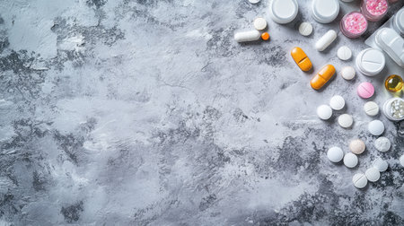 A selection of pet health products like vitamins and supplements, neatly arranged on a flat surface with space above for textの素材