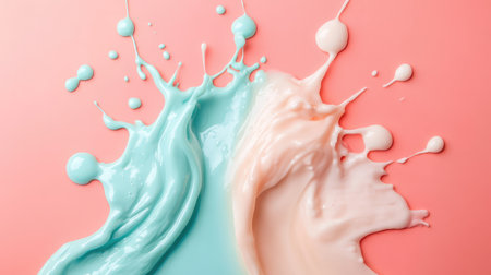 Smooth gradient from aqua to coral pink, modern and trendy color flow ideal for product display copy spaceの素材