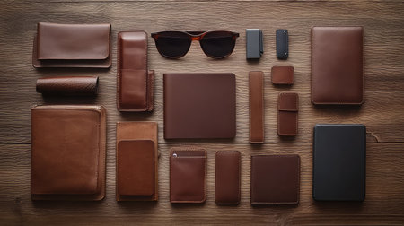 A collection of travel accessories like a passport, luggage tag, sunglasses, and travel wallet arranged on a wooden table with space above for copyの素材