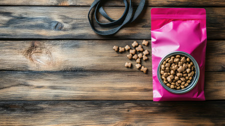 A dog food bag, a collar, and a leash on a wooden surface, leaving clean space for text or design elementsの素材
