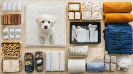 A variety of pet bedding and accessories arranged neatly on a surface, with a large clean area for text placement or brandingの素材