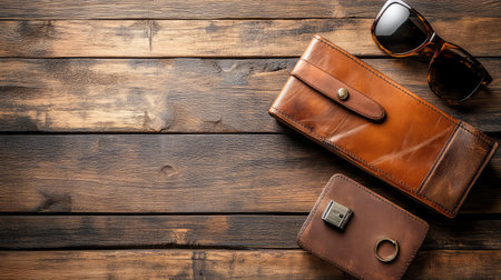 A set of travel essentials like a suitcase lock, passport holder, and sunglasses placed on a rustic wooden surface, clean space for copyの素材