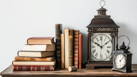 Rustic table with stacked books, lantern, and vintage clock, white background for copyの素材