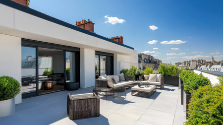Outdoor patio with stylish furniture and green plants, sky visible for copy spaceの素材