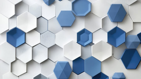 Modern hexagon pattern in shades of blue and grey, futuristic tech-inspired background with copy spaceの素材