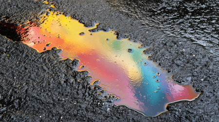 Iridescent oil slick texture on wet asphalt, abstract rainbow hues for creative copy spaceの素材