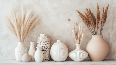 Stylish ceramic pots and muted decor on shelf, background kept open for copyの素材