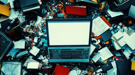 A close-up of a modern workspace with an empty laptop screen and scattered study materials, ideal for e-learning copy spaceの素材
