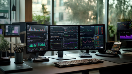 A clean modern desk setup with a tablet displaying market trends and graphs, leaving room to add insights about stock performance, market analysis, or investment strategiesの素材