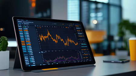 A clean workspace with a tablet showing stock price graphs and financial data, leaving room to add content on market predictions, stock performance, or trading strategiesの素材