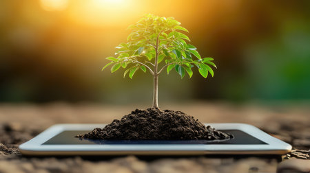 A clean workspace with a tablet showing a growing economy graph, leaving space for adding insights on market trends or growth strategiesの素材