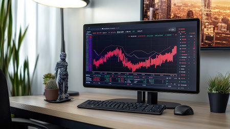 A clean desk setup with a tablet showing a financial growth chart, providing space to insert copy about investment opportunities, business growth, or financial projectionsの素材