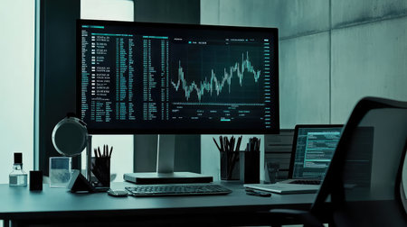 A clean workspace with a digital screen showing financial growth trends, offering space for content on financial performance, business growth, or stock market analysisの素材