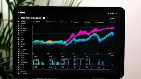 A close-up of a financial dashboard displaying fluctuating market data, offering room to insert text on stock market analysis, economic forecasting, or investment opportunitiesの素材