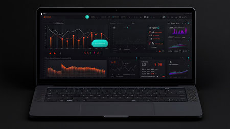 A digital financial dashboard on a laptop showing graphs and statistics, offering space to add copy about business finance strategies, cash flow management, or budgeting tipsの素材