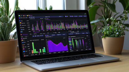 A digital financial dashboard on a laptop showing graphs and statistics, offering space to add copy about business finance strategies, cash flow management, or budgeting tipsの素材